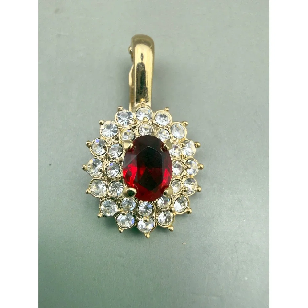 Gold Tone Red Oval Stone Enhancer Pendant Clear Rhinestone Halo Sunburst 1 Inch